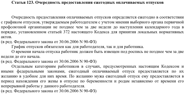 Ст. 123 ТК РФ с изменениями на 2019 год: порядок предоставления ежегодных оплачиваемых отпусков